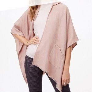 Loft Pink Knit Raw Hem Open Hooded Poncho Shawl Wrap Sweater Jacket